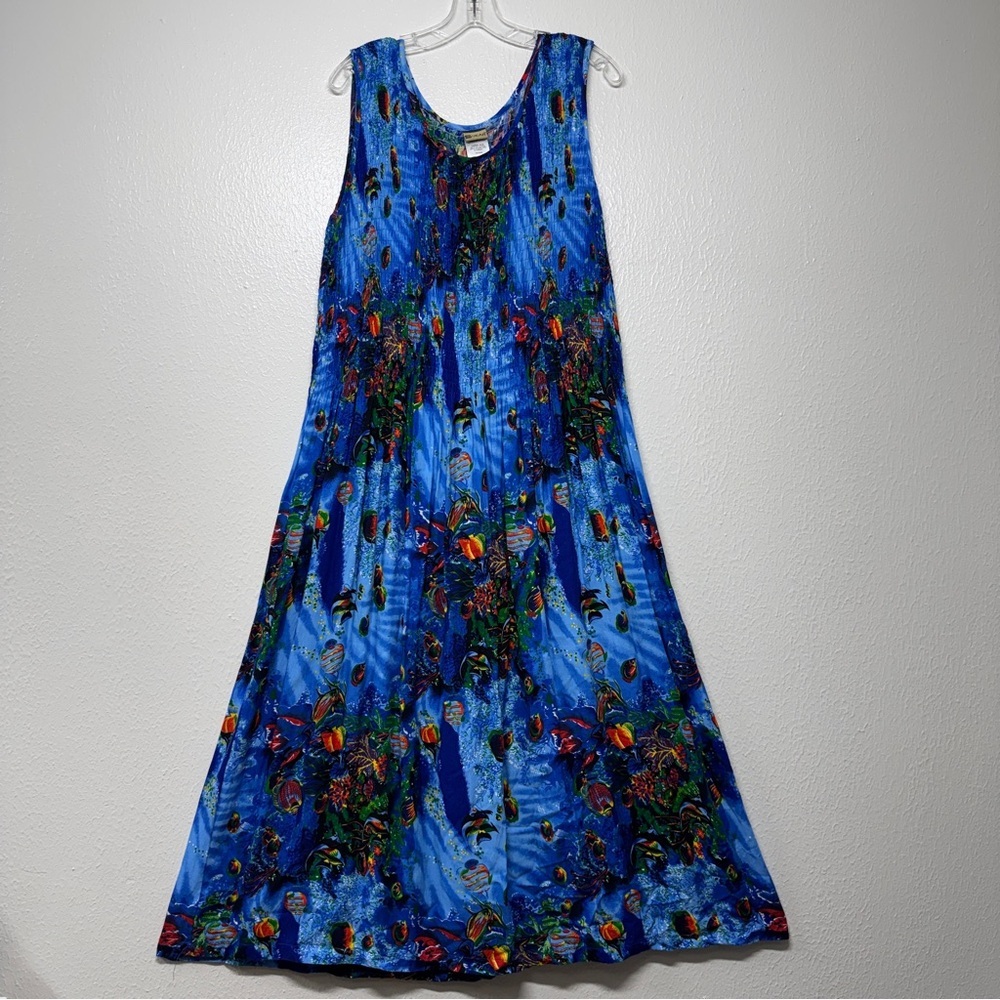 Sleeveless Blue Tropical Fish Maxi Dress Size Large